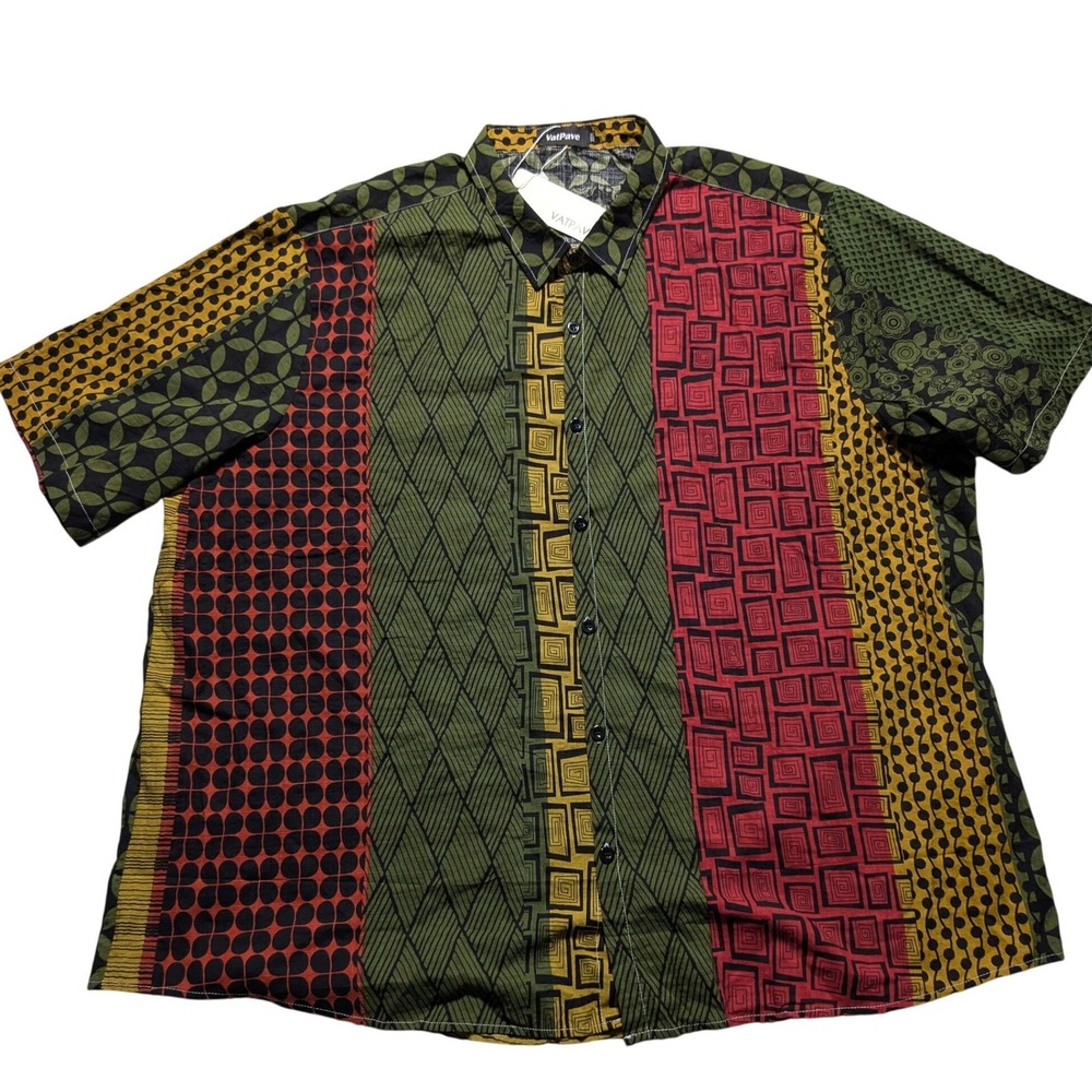 VatPave Mens 3XL Patchwork Short Sleeve Button Down Shirt Green Red Geo NEW